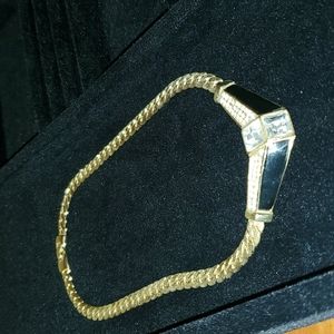 Vintage Black, Gold toned & Rhinestone Chunky Fashion Necklace 8"